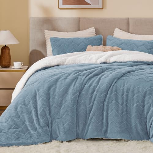 Image of BEDELITE Fluffy Sherpa Queen Comforter Set,Blue Fog