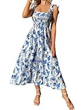 MakeMeChic Women's Summer Boho Dress Floral Print Spaghetti Strap Square Neck Shirred Maxi Dress Beach Sun Dress A Blue and White M