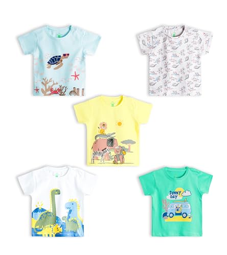 Image of YUV Infant Baby Boys & Girls 100% Cotton Printed Multicolor Half Sleeve T Shirts - 0 to 24 Months Babies, Pack of 5