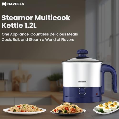 Image of Havells Steamor Multicook Kettle | 1.2 L Capacity | Food Grade Body with Cool Touch Handle | Multiple Steaming Attachments | Double Safety Protection | 3 Temperature Modes(Blue)