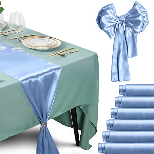 Homiest 12 Pack Satin Table Runners Light Blue Table Decor, Bright Wedding Table Runner 12 X 108 Inches Long Table Decorations, Silky Birthday Party Table Runner For Reception Graduation Banquet #TOP28