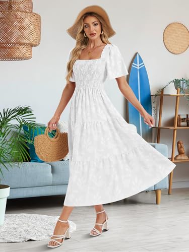 Image of Women's Summer Dresses 2025 Casual Maxi Dresses Boho Floral Short Sleeves Square Neck Beach Vacation with Pockets