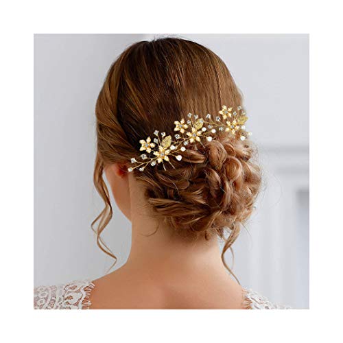 Campsis Flower Bridal Wedding Hair Pins Gold Rhinestone Hair Piece Pearl Leaf Bride Hair Accessories for Women and Girls (Pack of 3) (gold)