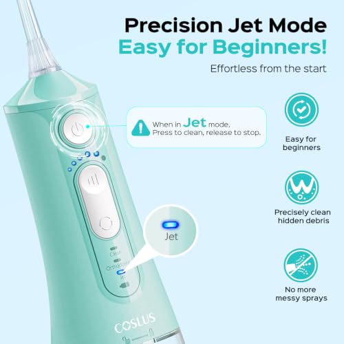 Image of COSLUS ADA Accepted C51 Water Dental Flosser for Teeth, 3 Modes 6 Pressure | Water Dental Pick for Orthodontic, Braces, Sensitive Gums, Multiple Users, Compact for Travel Built-in Nozzle Storage, Green