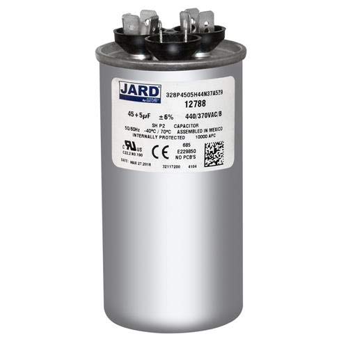 45 + 5 x 370/440 VAC Round Dual Run Capacitor by Jard # 12788