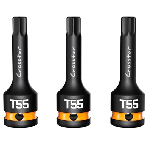 Image of Crosstar 3pcs T55 Impact Torx Bit Socket Set, 1 /2 inch Drive Cr-Mo Steel, Long High Impact Star Sockets for Automotive & Heavy-Duty Use, Professional Mechanic Tools with Transparent Case