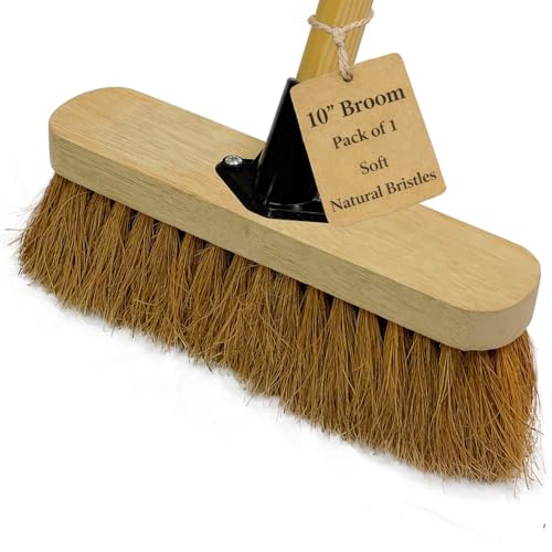 10” Soft Broom Indoor with Wooden Handle Natural Coco Bristles Sweeping Brush with Durable Support Bracket for Cleaning Any Surface Wooden Floor Decking and Paving Slabs (1)