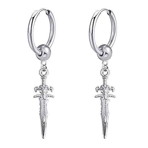 Sword Drop Dangle Small Hoop Earrings for Women Girls Men Stainless Steel Engrave Animal Cross Dagger Charms Dangling Hoops Cuff Cartilage Wrap Hypoallergenic Vintage Punk Pray Jewelry