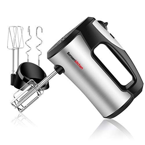 Hand Mixer Electric,300W Power Kitchen Handheld Mixer with 5-Speed, Storage Base & 4 Stainless Steel Accessories for Whipping,Baking Cake,Egg Cream,Food Beater