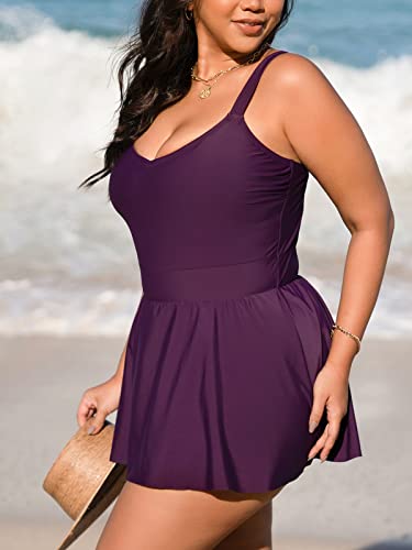 Cupshe Plus Size Swimsuit For Women One Piece Bathing Suit Scoop Neck Ruffled Swim Dress Adjustable Straps, 1X Blackberry Wine #TOP2