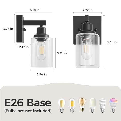 Image of Set of 2 Wall Sconces for Bathroom, Black Bathroom Vanity Light,Modern Wall Sconces Indoor with Clear Glass,Farmhouse Wall Lamp for Bedroom Living Room Mirror Hallway