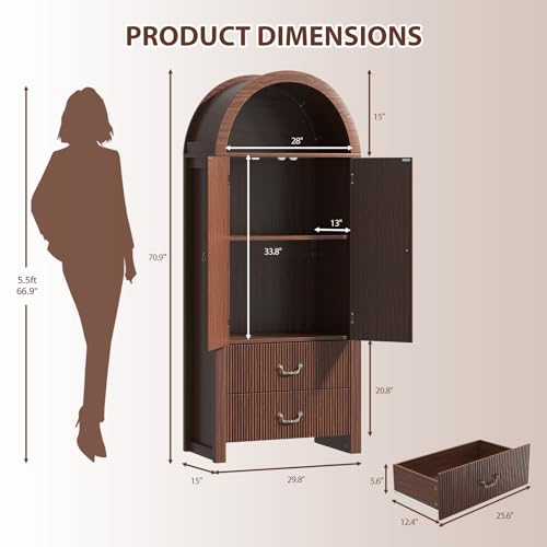 FURSUN 71" Tall Fluted Arched Cabinet with Doors, Wood Pantry Storage Cabinet with 2 Large Drawers, Modern Versatile Bookcase for Living Room, Kitchen, Dining (Dark Walnut)