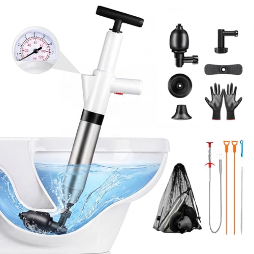 Image of High Pressure Toilet Plunger Heavy Duty Air Drain Blaster, Real-Time Barometer & Storage Bag, Multi-Drain Clog Remover for Toilets, Sinks, Tubs & Pipes - Fast Effective Unclogging Tool (Black)