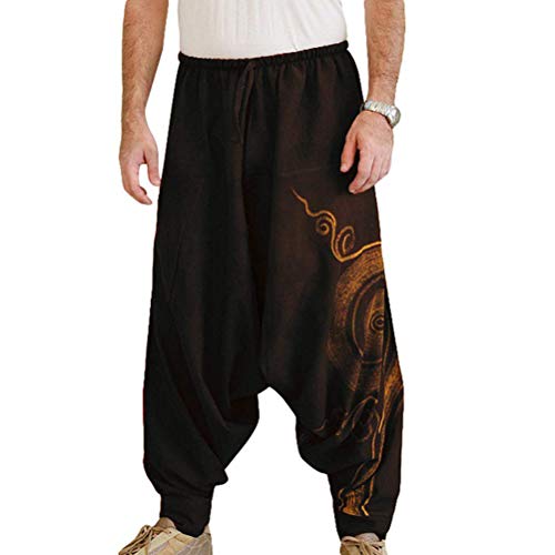 Taigood Hombre Pantalones Harem Cómoda Cintura Elástica Pantalones Moda Color Sólido Casuales Yoga Hippies Pantalones Negro Tamaño L