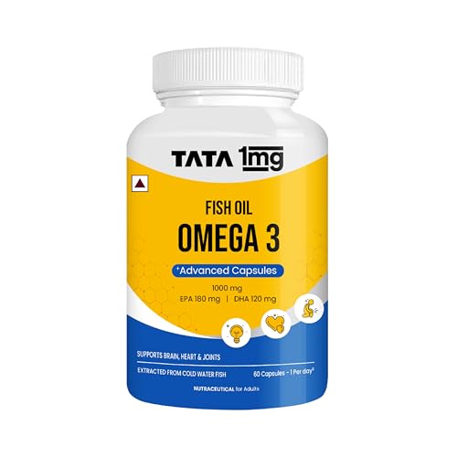 TATA 1MG Fish Oil Capsules with EPA (180mg) & DHA(120mg) for Hearth and Bone Health Skin & Hair Health, For Men/Women, No Fishy Burps,Non-GMO(Pack of 60)