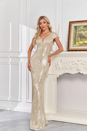Image of XUIBOL Womens Sequined Short Sleeves Long Formal Dress with V-Neck for Evening Event Nightout Club Gown Silver Paillette Silver S