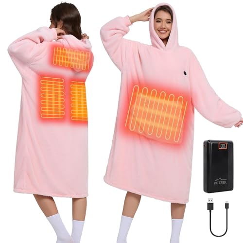 PETREL Wearable Heated Blanket Hoodie with Battery,Cordless Heating Blanket Sweatshirt,Electric Throw Shawl Blanket,Christmas Light Pink