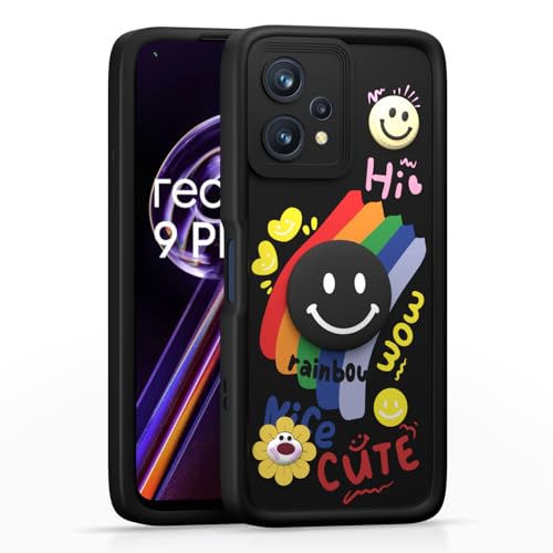Image of Pikkme Back Cover for Realme 9 Pro 5G | Soft Silicone| Cute Rainbow Smile & 3D Cartoon Flower Design | Shockproof Raised Camera Protection Bumper Case (Black)