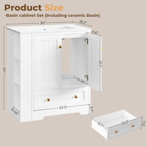 IRONCK 30\" Bathroom Vanity with Ceramic Sink, Bathroom Storage Cabinet with Doors & Drawers & DIY Side Storage, Pedestal Sink Combo Set, White