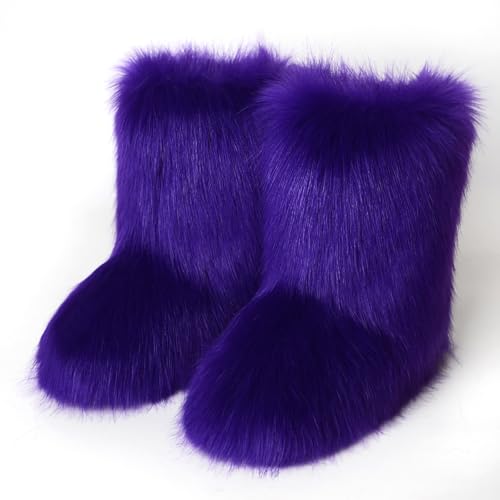 Eosxrp Furry Faux Fur Boots Women's Winter Shoes Woman Fluffy Warm Snow Boots Mid-Calf Comfortable Outdoor Flat2