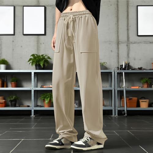 Mens Casual Linen Pants Loose Fit Elastic Drawstring Waist Stylish Solid Mid Rise Wide Leg Baggy Trousers3