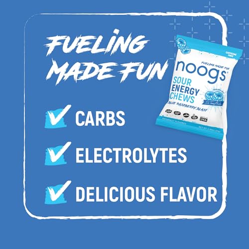 Image of Noogs Sour Energy Chews, Blue Raspberry Blast Electrolyte Energy Gummies, Sour Candy Flavored Alternative to Running Gels, Vegan, Gluten Free & Caffeine Free, 12 Pack