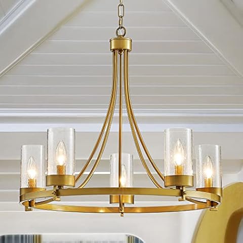 WUZUPS 5-Light Wagon Wheel Chandelier Rustic Farmhouse Industrial Round Pendant Light Fixture with Clear Seeded Glass Shades for Dining Room Kitchen Island, H 20.5" x W 26.2", E12 Base, Gold Cover