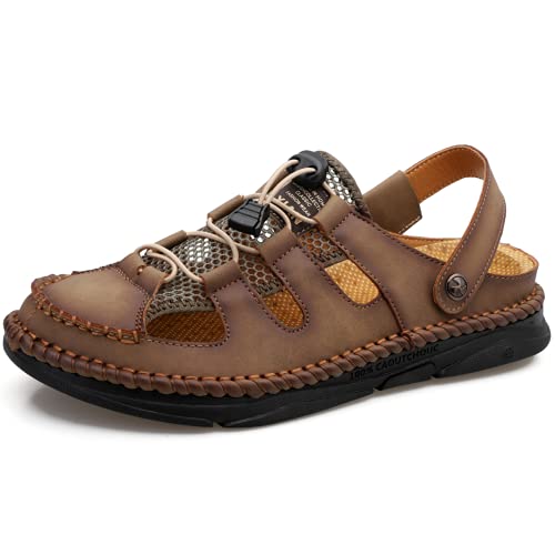 Mens Closed Toe Leather Sandals Athletic Strap Outdoor Adjustable Fisherman Sandals Summer Breathable Casual Sandals