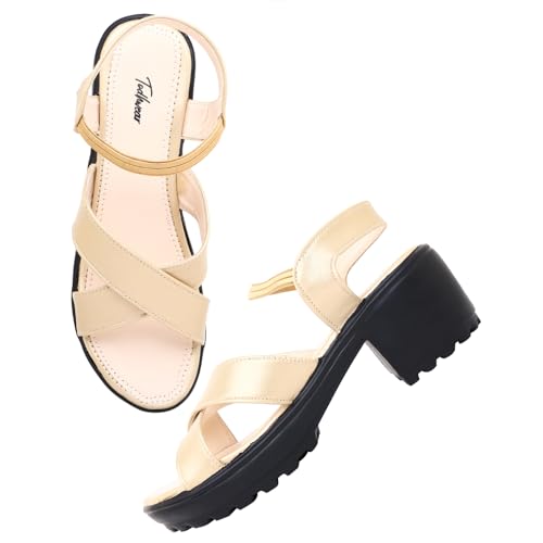 Image of Todhwear Women's Cross-Strap Block Heel Sandals, Gold, Chunky High Heel with Ankle Elastic Strap, Open Toe Wedges