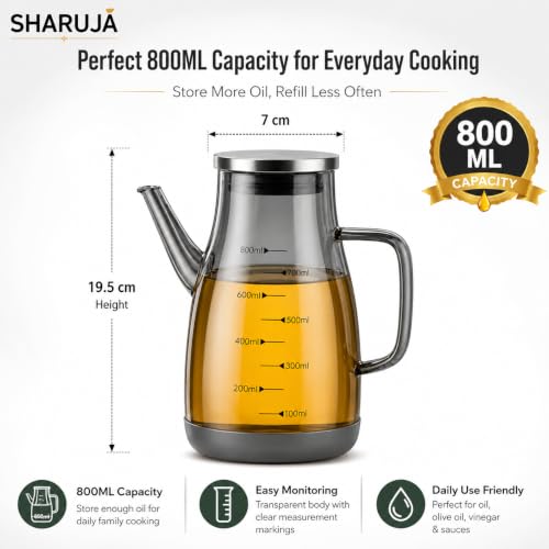 Image of Glass Oil Dispenser Bottle, Anti-Drip Spout, Leakproof Borosilicate Glass Oil Container with Measurement Markings for Kitchen, Olive Oil, Vinegar & Cooking (800, Milliliters)