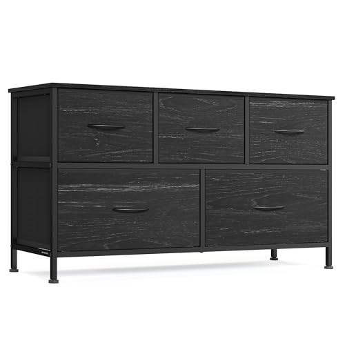 Image of SONGMICS BELLAH Collection - Dresser for Bedroom, Chest of Drawers, Storage Organizer Unit, Closet, Entryway, Steel, 5 Drawers, Modern, Ebony Black ULGS322BE02S