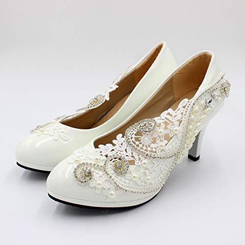 Women's White Wedding Shoes for Bride, Comfortable Prom Lace Bridal Pumps, Flower Bridesmaid Wedding Heels4