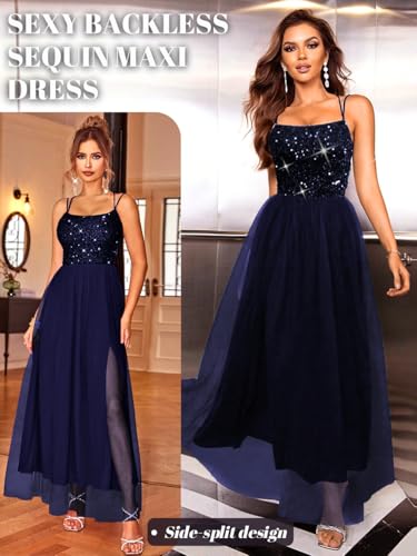 Image of ShawGobow Tulle Prom Dress with Slit,Sequin Backless Long Flowy Dresses for Women,Sexy Sparkly Outfits Homecoming Wedding
