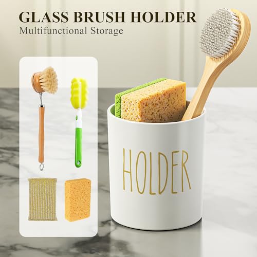 Image of Cisily Kitchen Soap Dispenser Set Comes with Ceramics Sponge Holder, Gold Pumps, and Instant Dry Tray, Hand and Dish Soap Dispenser Set (4, Gold + White + Brush Holder)