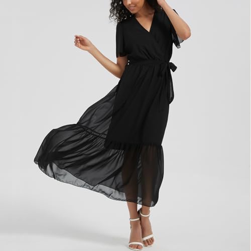 Image of Women's Summer Bohemian Floral Chiffon Dress Cap Sleeve V Neck Ruffle Long Flowy Boho Casual Vacation Dresses