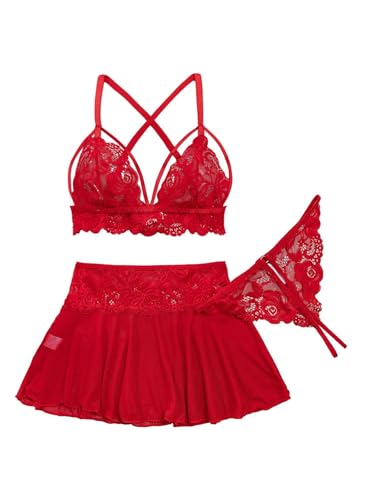 Foxiny Sexy Mini Skirt with Thong Floral Lace Sheer Bralette Lingerie Set 3 Piece Otufits Women See Through Bra Panty Strappy Bright Red Medium
