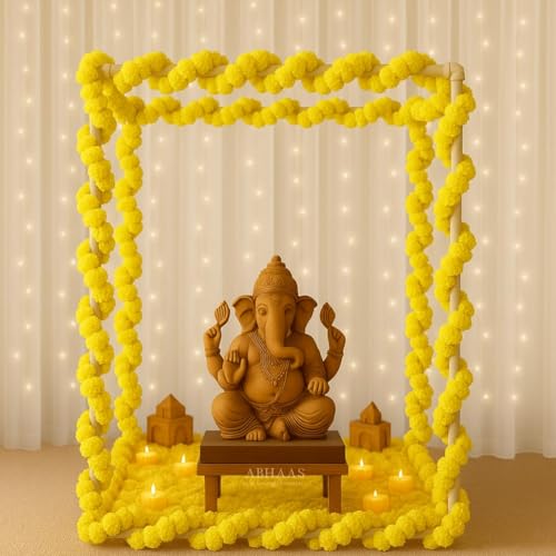 Image of Abhaas Pooja Decoration DIY Mandap Tent Pandal with 5Pcs Marigold Garlands for Ganesh Chaturthi Home Decor Cubical Mandap | Ganesh Chaturthi /Durga Pooja (25Pcs) (Yellow, 16 Inch Cube)
