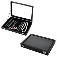 TAICHEUT 2 PCS Necklace Holder Jewellery Box with 20 Hooks, Velvet Necklace Display Stand with Lockable Glass Lid for Necklaces Bracelets Earrings