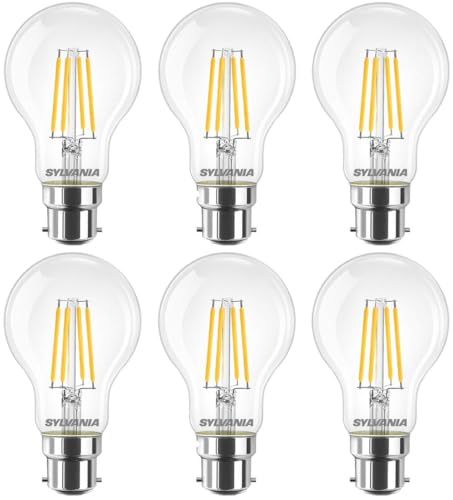 SYLVANIA GLS Clear Filament LED Light Bulbs, B22, 4.5W, 470 Lumens, Warm White 2700K - 6 Pack
