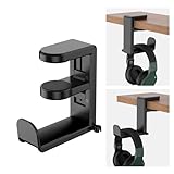 Rotating Headphone Hook - Under Desk Headphone Holder with 360-Degree Adjustable Rotation&Cable Clip Organizer - Black