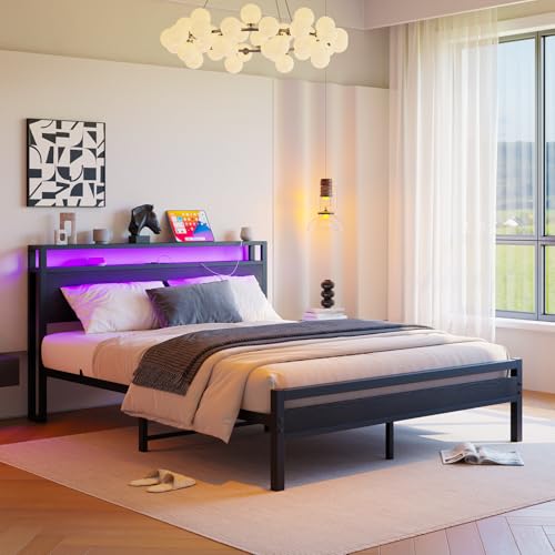 HOJINLINERO Cama De 160 X 200 Cm Con Espacio De Almacenamiento Y Somier De 160 X 200 Cm, Con Función De Carga USB E Iluminación LED, Marco De Cama Moderno En Color Negro