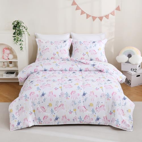 Image of Yibeizi Unicorn Bed Comforter Set Full Pink Girls Floral Bedding