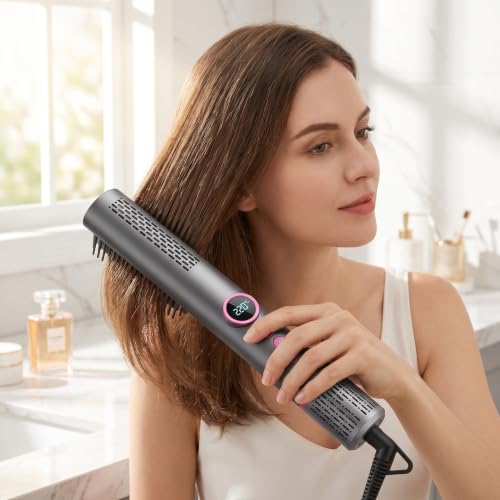 Cepillo alisador profesional iónico con aire caliente - Alisador de cabello rápido con función de chorro frío, enchufe UE, pantalla LCD y protección contra quemaduras - Gris miniatura 1