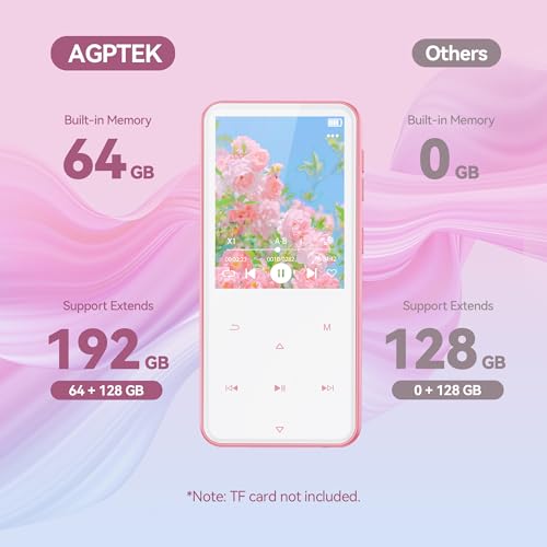 AGPTEK Pink MP3 Player with Bluetooth 5.3, 64GB Internal Memory Expandable up to 128GB, 2.4 Inch Music Player with Speaker and FM Radio, Earphone Included - Image 6