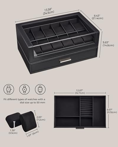Image of ProCase Watch Box for Men, 12 Slots Watch Display Holder with Clear Acrylic Top, Large Capacity PU Leather Case with Drawer Organizer, Jewelry Storage, Ideal Gift for Men Women -Black