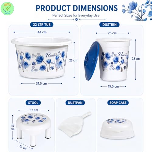Image of Heavy Duty Virgin Plastic Large Capacity 16 L Bucket, 5 L Bucket, Patla, Deep Tub, Dustbin, 1.5 L Mug, 1 L Mug, Soap Case, Dustpan, Tooth Brush Stand Bathroom Set (White Blue, Queen)