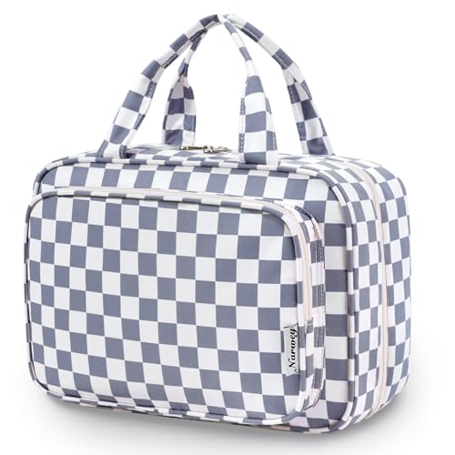 Image of Narwey Large Hanging Toiletry Bag Travel Makeup Bag Cosmetic Organizer for Women and Girls, Z-Grayish Blue Checkerboard, Large