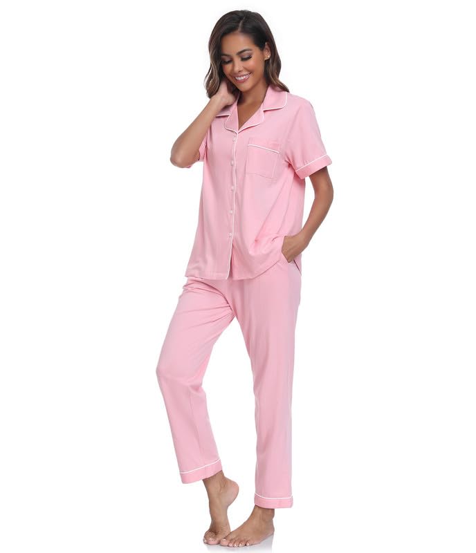 Image of CF Womens 100% Cotton Pajamas Set Button Down Pjs Sets Short Sleeve Top & Long Pants Sleepwear Comfy Loungewear with Pockets