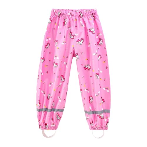 Dioshark Regenhose Mädchen Wasserdichte Matschhose Baby Kleinkind Rosa Einhorn Sommer Dünn Buddelhose mit Reflektor Regenlatzhose Ohne Träger Gefüttert Atmungsaktive Fahrrad Schule für Alter 1-2 Jahre