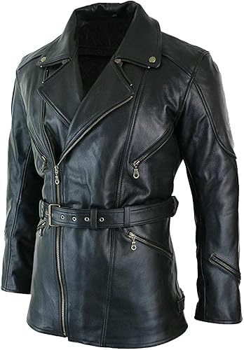 Hide & Seek Men's Cross Zipper Brando Belted Motorcycle Long Leather Jacket - Officer Biker Genuine Leather Coat2